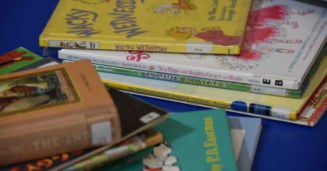 A stack of children books.