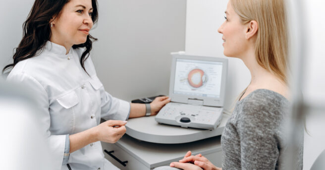 Ophthalmologist and patient talking