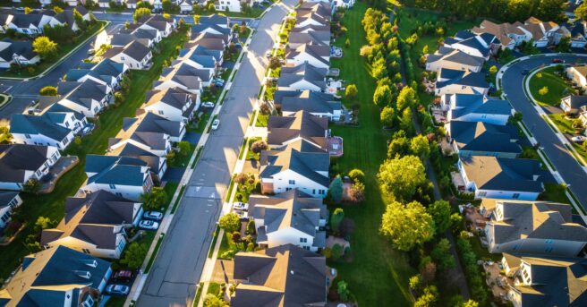 Aerial view of a neighborhood.
